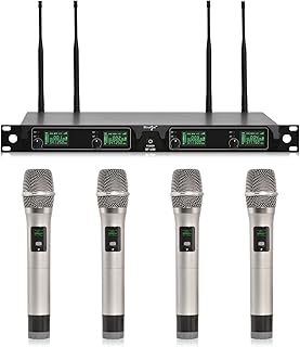 BLOUEFOZ Blouefoz Wireless Microphone System 4-Channel Uhf All Metal Build Professional Cordless Mic Set with 4 Handheld Mics Fixed Frequency, Long Range 260Ft Perfect for Church, Karaoke, Party