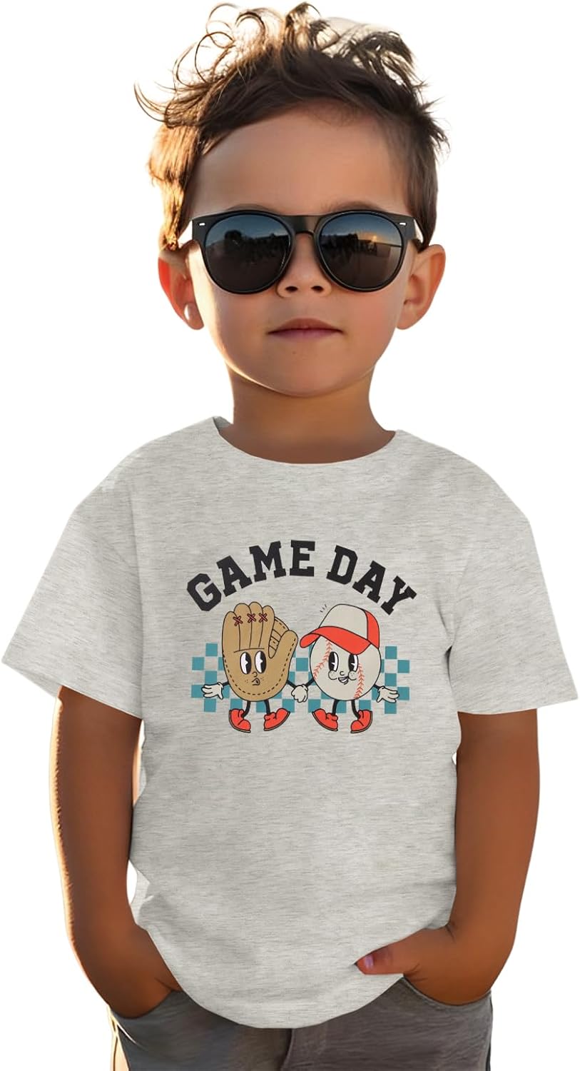 Toddler Baseball Shirt for Boys Games Day T-Shirt Kids Sunday Athletic Baseball Outfit Funny Print Summer Tee Tops