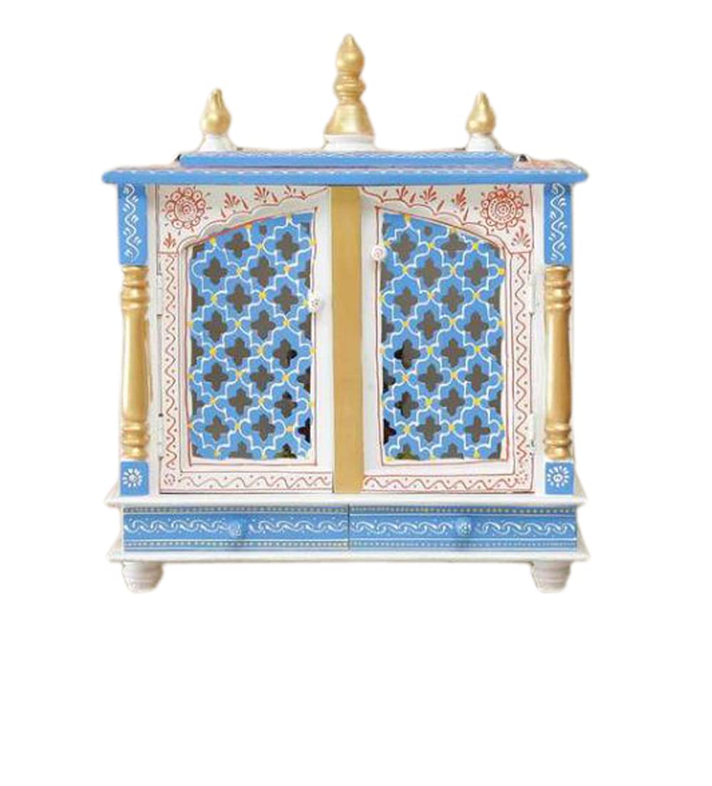 MDF Wood Home Temple Puja Mandir Home Temple Pooja Mandir with Door Pooja Room Stand (18 inch x 9 inch x 22 inch, White & Blue)
