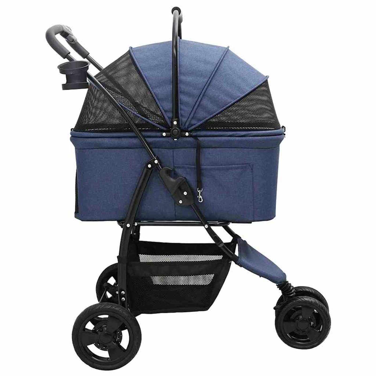 Passeggino per Animali Domestici Pieghevole, Blu, Portata 25 kg, Telaio Acciaio, Ruote Girevoli, Tasche Laterali, Cestino Inferiore, Chiusura a Pedale, per Cane e Gatto
