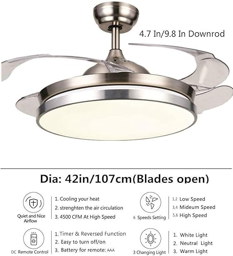 Miniatura 4 de Ventilador de techo reversible invisible de 42 pulgadas con luces LED y control remoto, 4 aspas retráctiles para dormitorio, kits de luces de techo