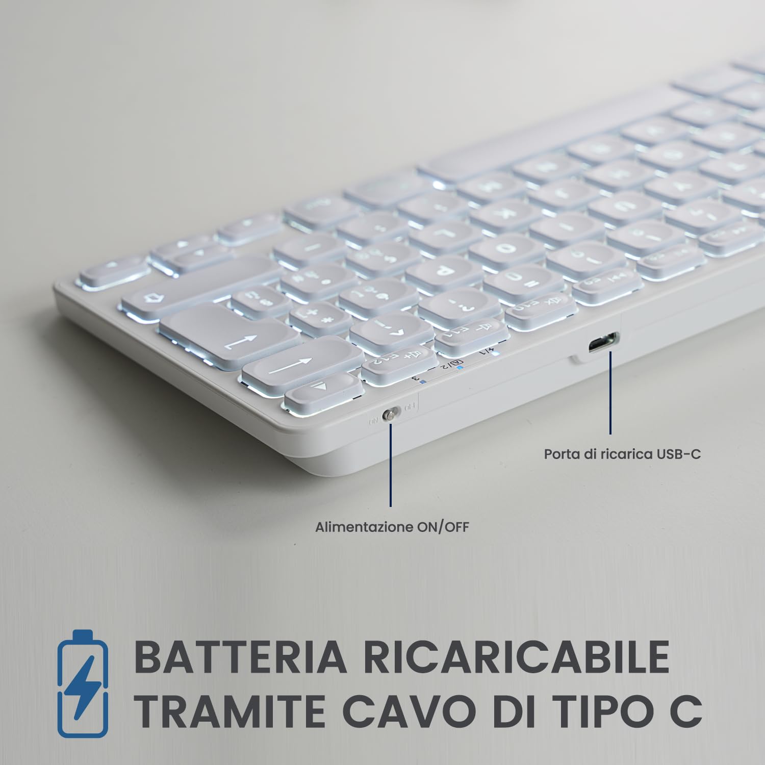 Perixx PERIBOARD-832M Tastiera Wireless Mini Retroilluminata, Bluetooth 5.1, Tasti a Forbice, Ricarica USB-C, Compatibile con macOS 11.2.1+, Layout Italiano QWERTY, Bianco