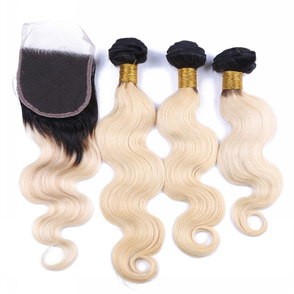 Tony Beauty Hair 8A 2 Tones Malaysian Body Wave 3 Bundles Dark Root Blonde Ombre 1B/613 With 1Pc Lac