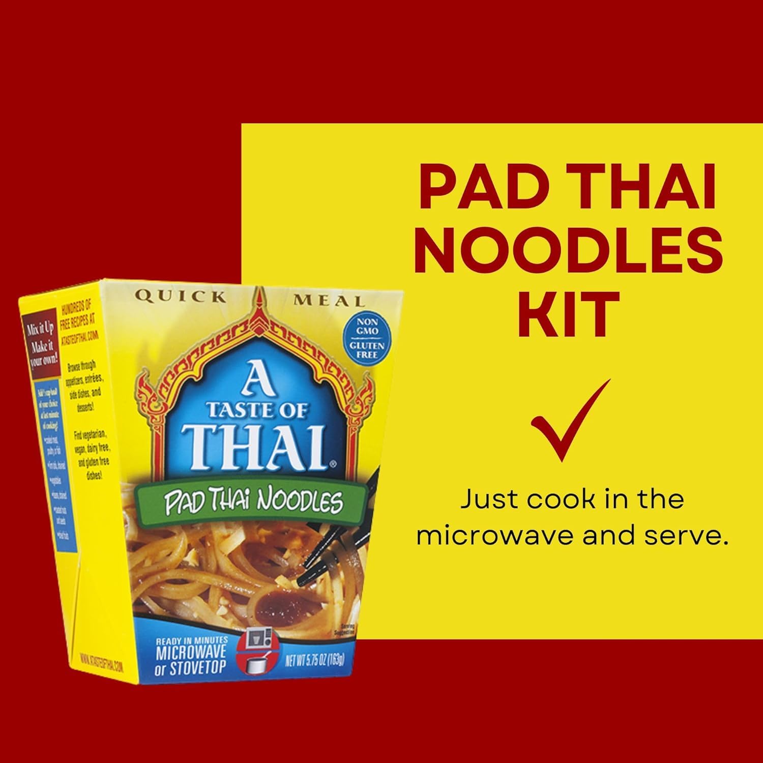 A Taste of Thai Pad Thai Noodles |Heat & Eat Instant Noodle | Flavored with Authentic Thai Sauce - Non-GMO, Gluten Free, Trans Fat Free- Perfect Side for Chicken, Fish & Meat Entrees| 6 Pack (5.75oz)