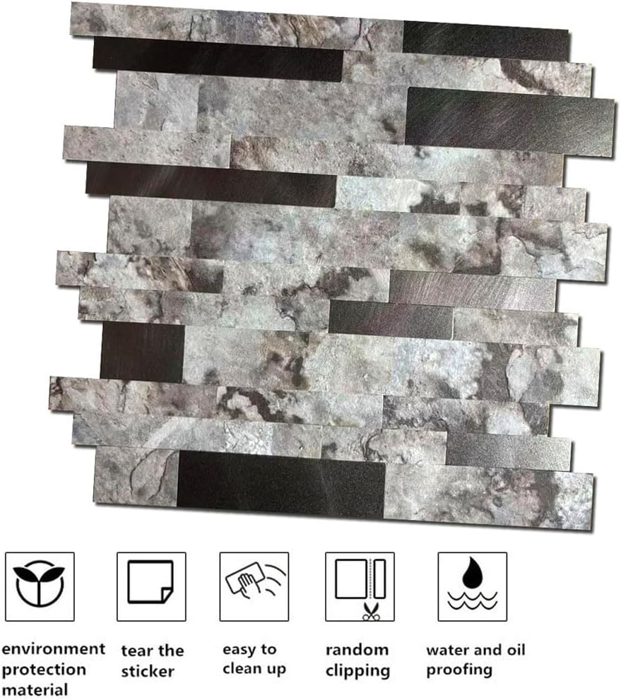 10-Sheet Peel and Stick Backsplash Tile, PVC Mixed Meta,l Stick on Kitchen, Bathroom Vanities, Fireplace Décor, Laundry Table(11.2" X 12.7") (10, Darken Coffee+Frosted Grey)