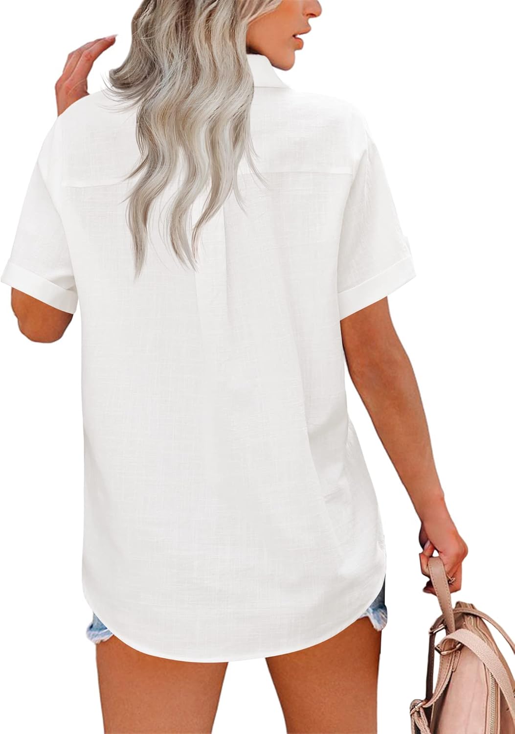 Hotouch Linen Button Down Shirt Women Roll-Up Cuffed Short Sleeve Blouses V Neck Collared Shirts Summer Beach Cotton Tops - Image 5