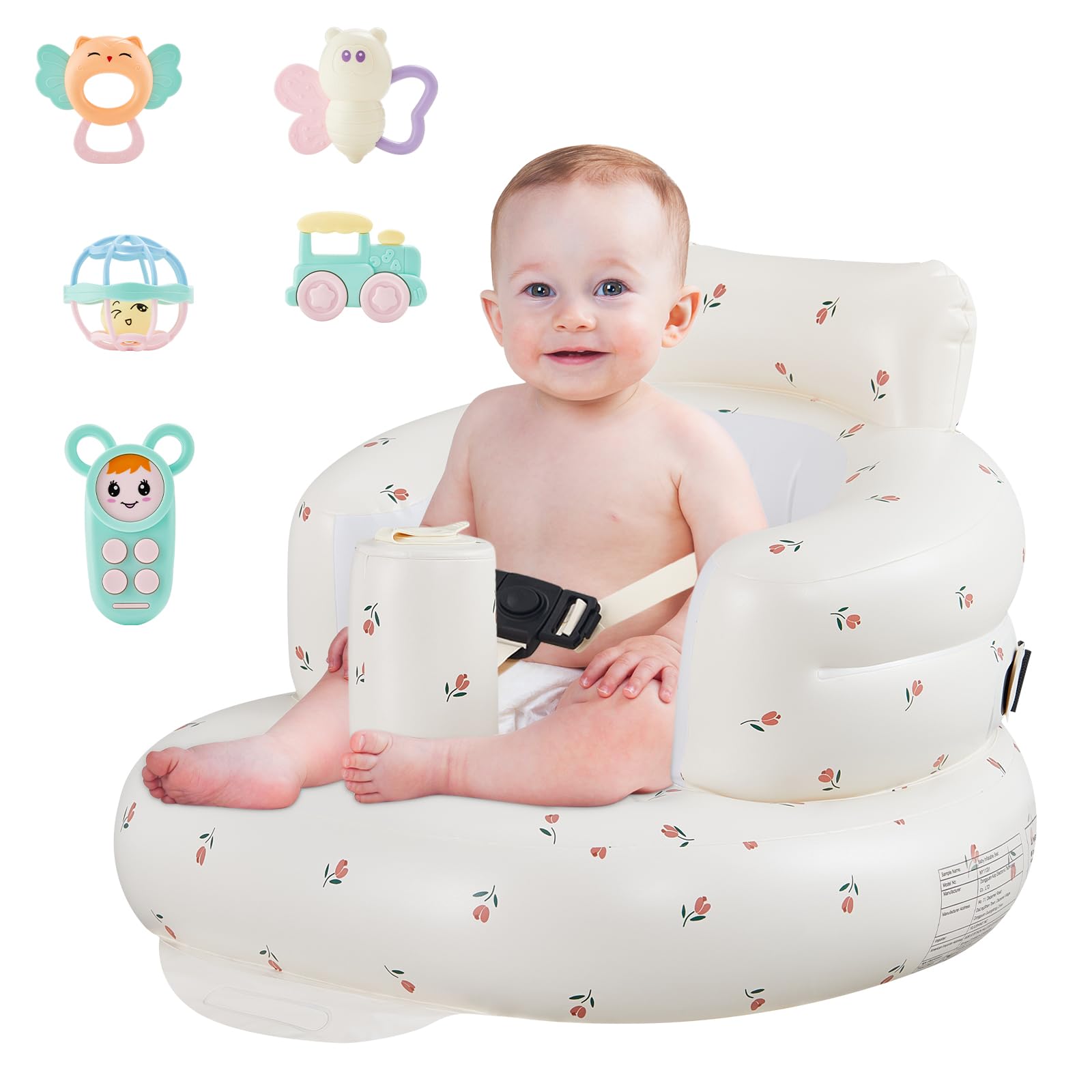 Inflatable Infant Seat - Built-in Air Pump, Adjustable Harness, Suitable for Infants 3-36 Months, Portable, sit me up Floor seat for Baby?Tulips?
