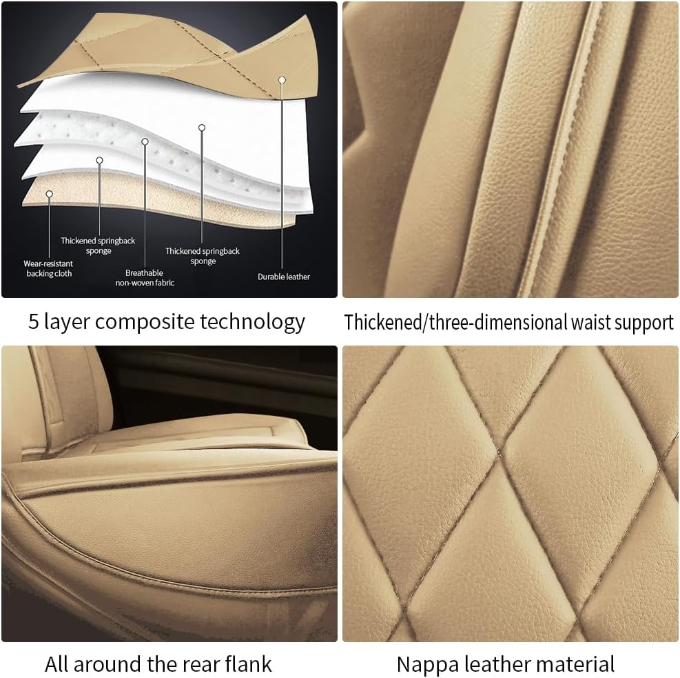5 Seat Covers for Hyundai Santa Fe 2001-2023,Nappa Leather Car Seat Covers,Car Seat Cushions,Waterproof Soft Car Seat Covers,Airbag Compatible Interior Accessories(Deluxe,Beige)