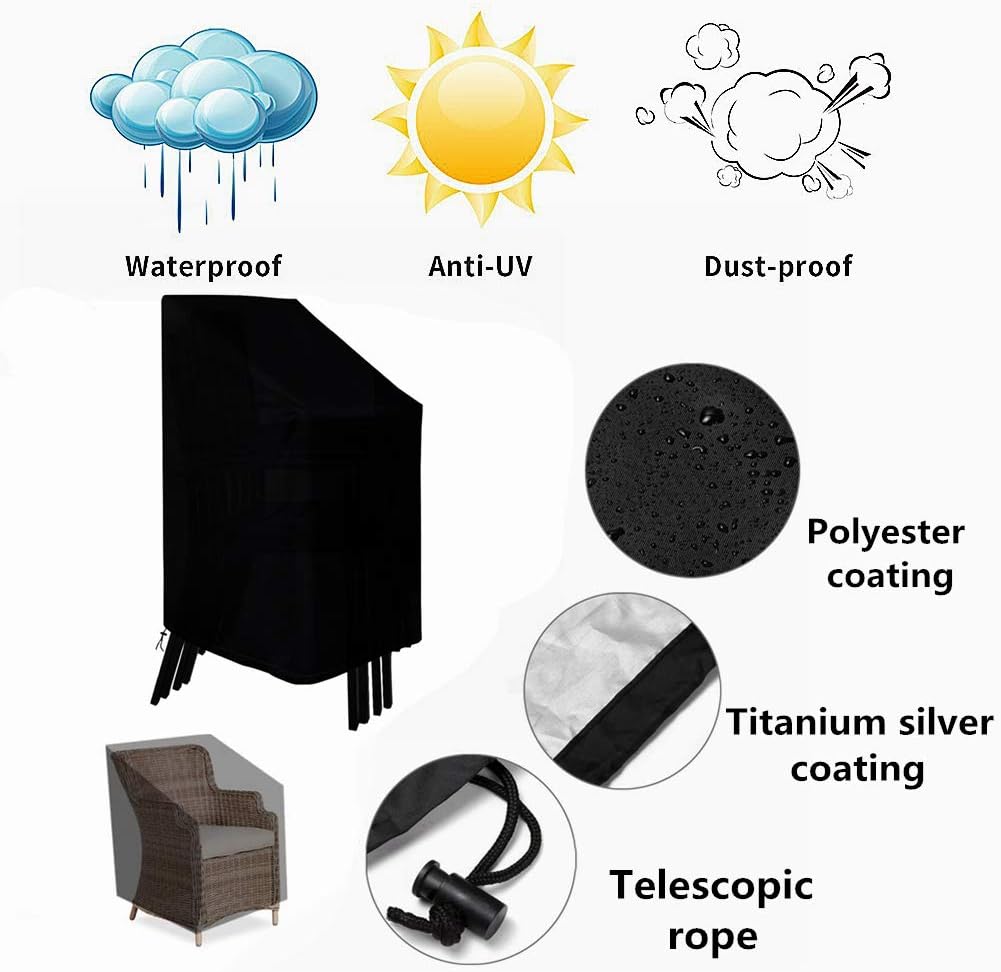 Outdoor Garden Chair Cover 2 Packs, High Back Patio Stacking Chair Covers, Water-Resistant, Anti-UV, Snow Dust Wind-Proof, Tear-Proof, Anti-Fading Furniture Cover, Black (47"×25"×25"×27.5") : Patio, Lawn & Garden