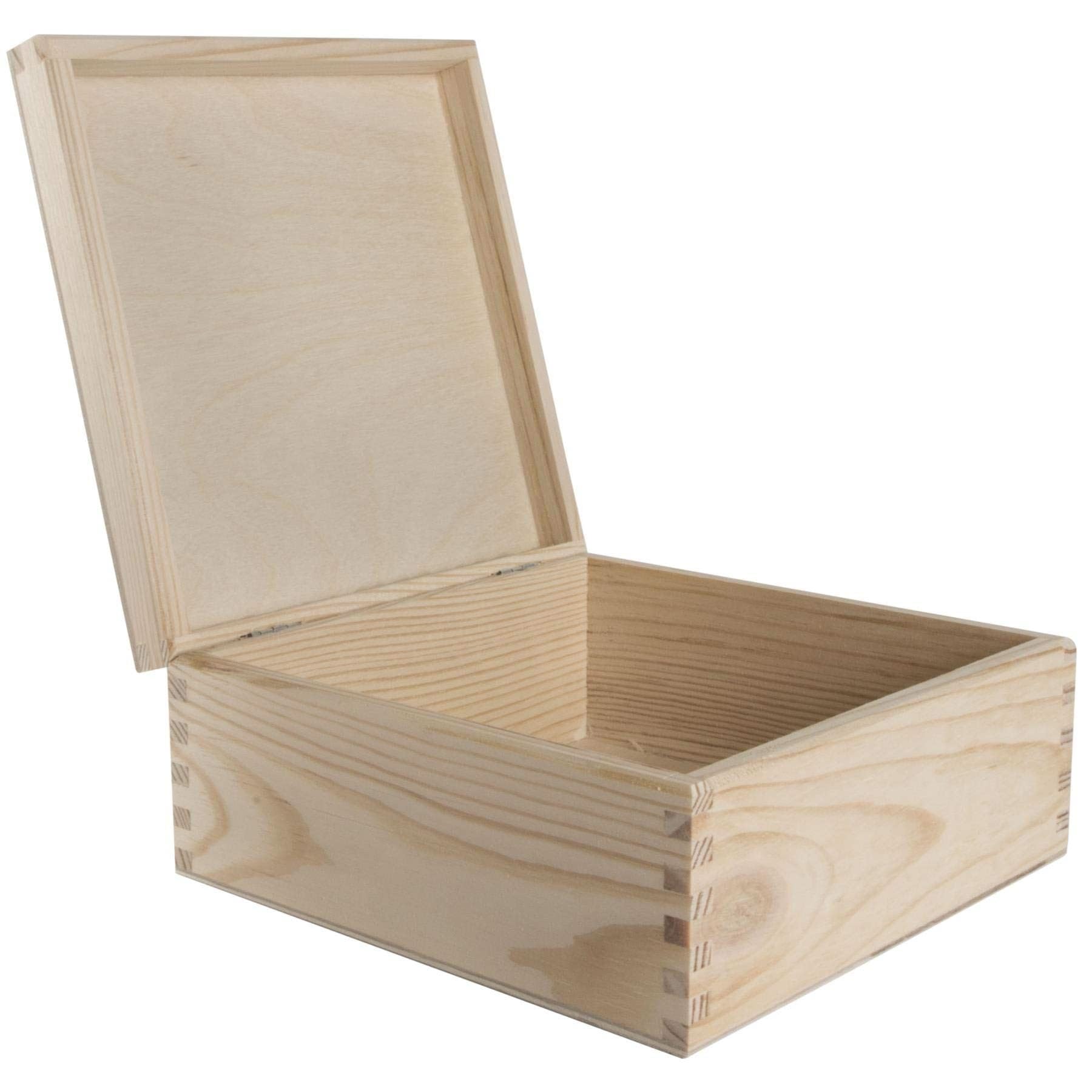 WooDeeDoo Small Square Wooden Box with Hinged Lid – 17.5 x 17.5 x 8 cm Plain Pine Storage for Crafts Keepsakes Jewellery Trinkets Gift Packaging DIY Decoration Unpainted Natural Wood