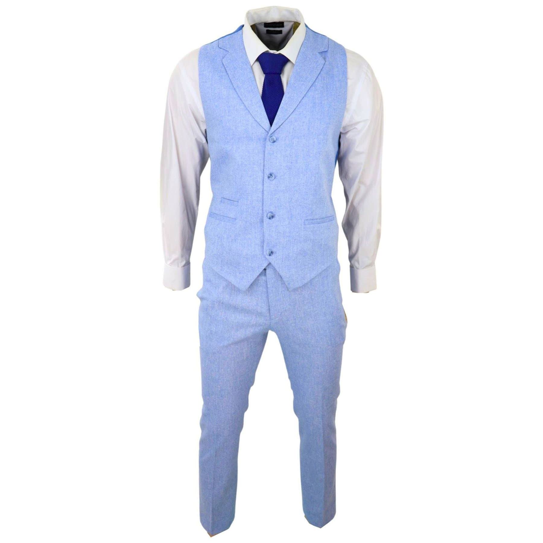 Truclothing Men's Blue Summer Suit Waistcoat Trousers Linen Smart Formal Royal Wedding - 42