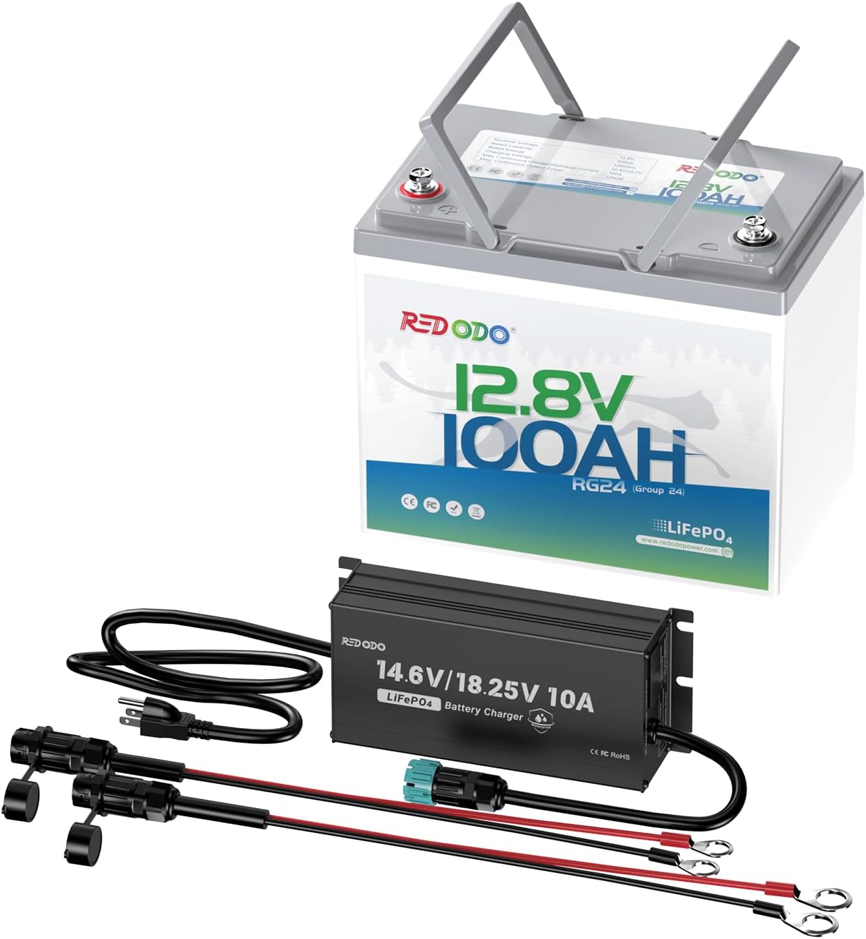 Redodo 12V 100Ah LiFePO4 Battery with 12V/16V 10A Charger, Group 24 Rechargeable Lithium Deep Cycle RV Battery, 15000+ Cycles, Perfect for RV, Camping, Solar Panel, Off Grid, Kayak Trolling Motor