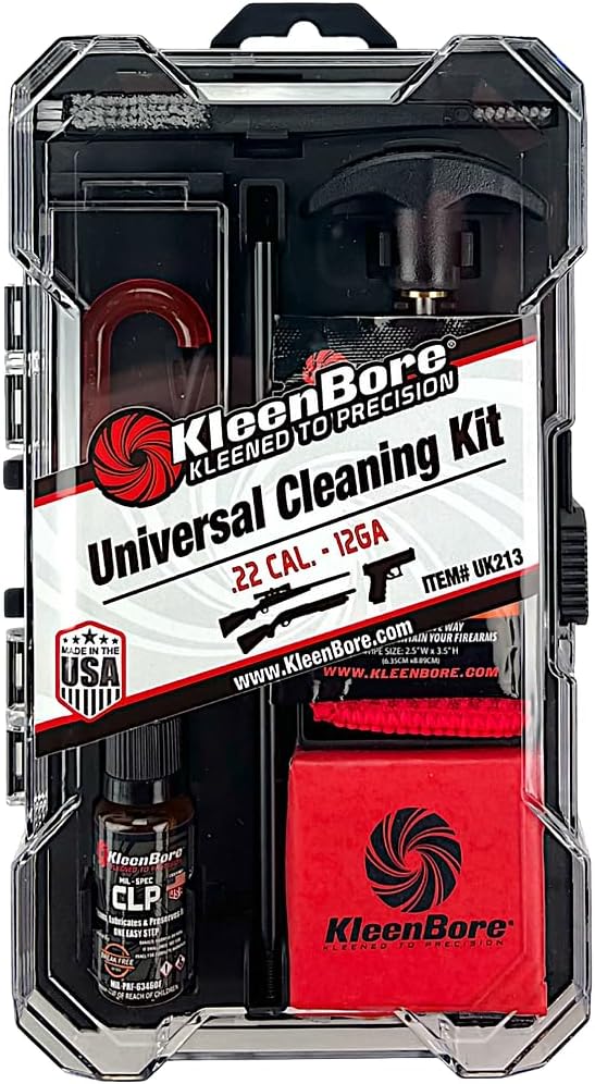 KleenBore Universal Gun Cleaning Kit – .22 Cal to 12 Gauge Rifle Pistol Shotgun Cleaning Kit with Steel Rods, CLP, Brushes & Patches