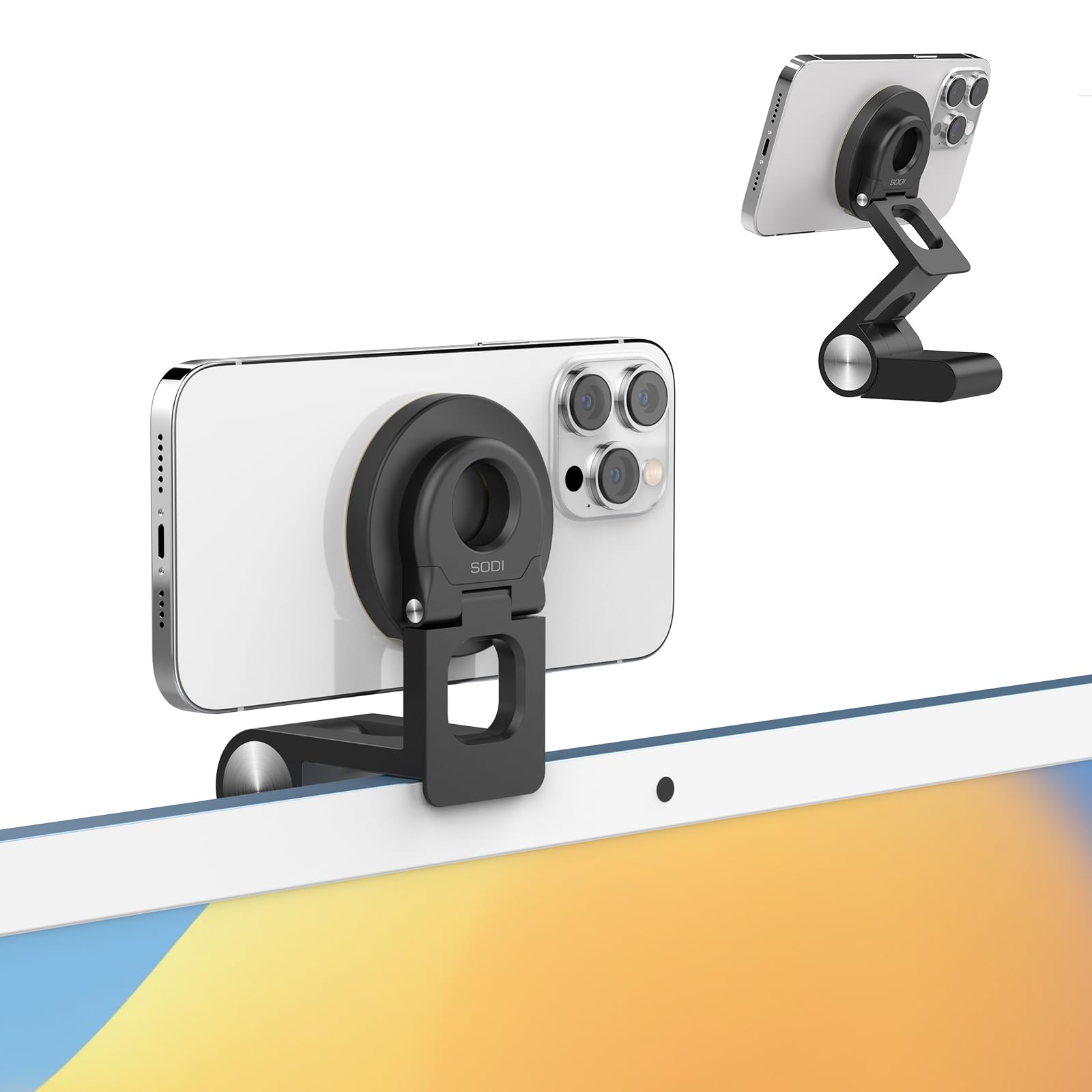 SODI Continuity Camera Mount for Desktop Monitor & iMac, Detachable iPhone Webcam Mount, Adjustable Magnetic Phone Stand for iPhone 16 Pro/Max 15/14/13/12 and Mac TV 4K Display OS Ventura