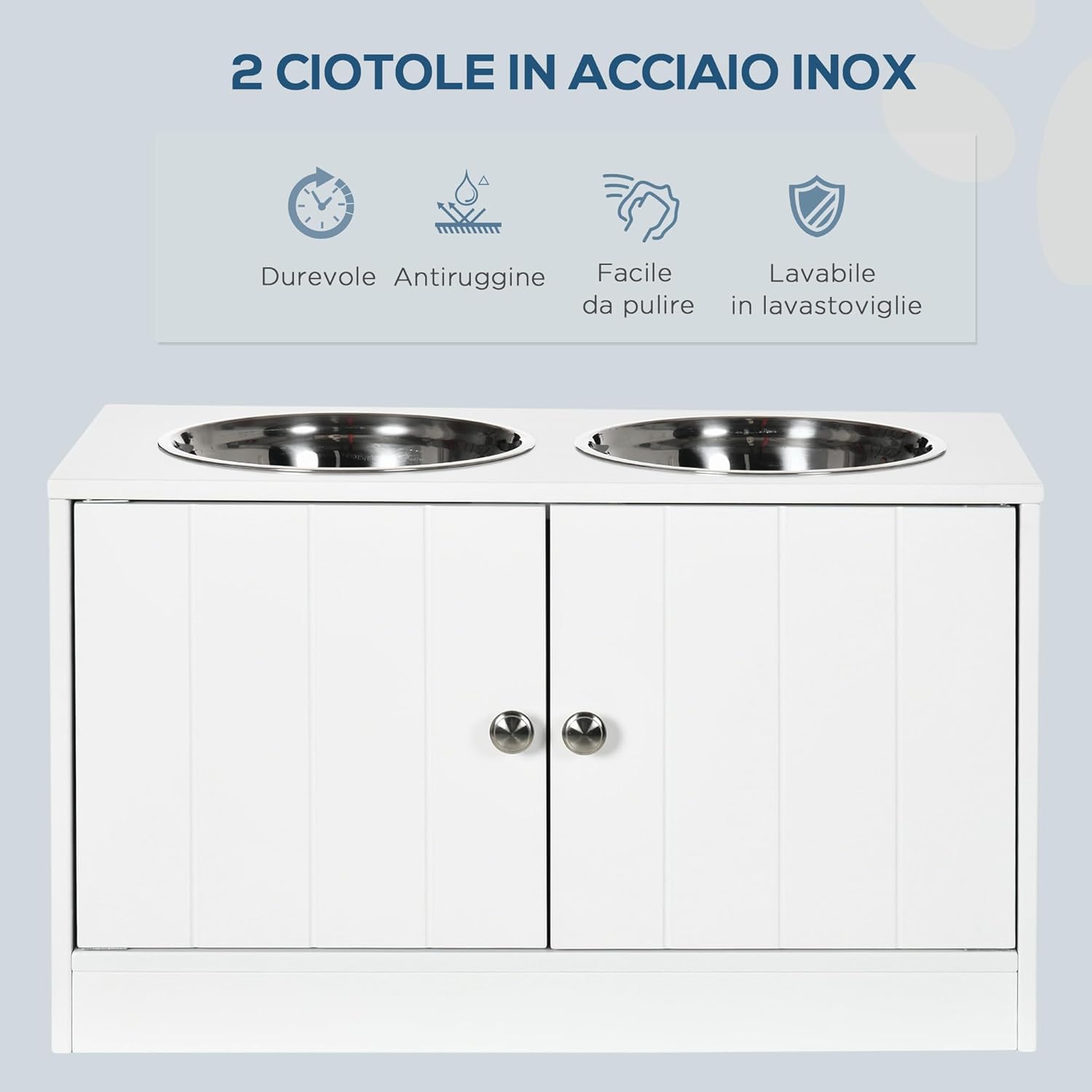 Graphic highlighting the features of the stainless steel bowls: durable, rust-proof, easy to clean, and dishwasher safe.