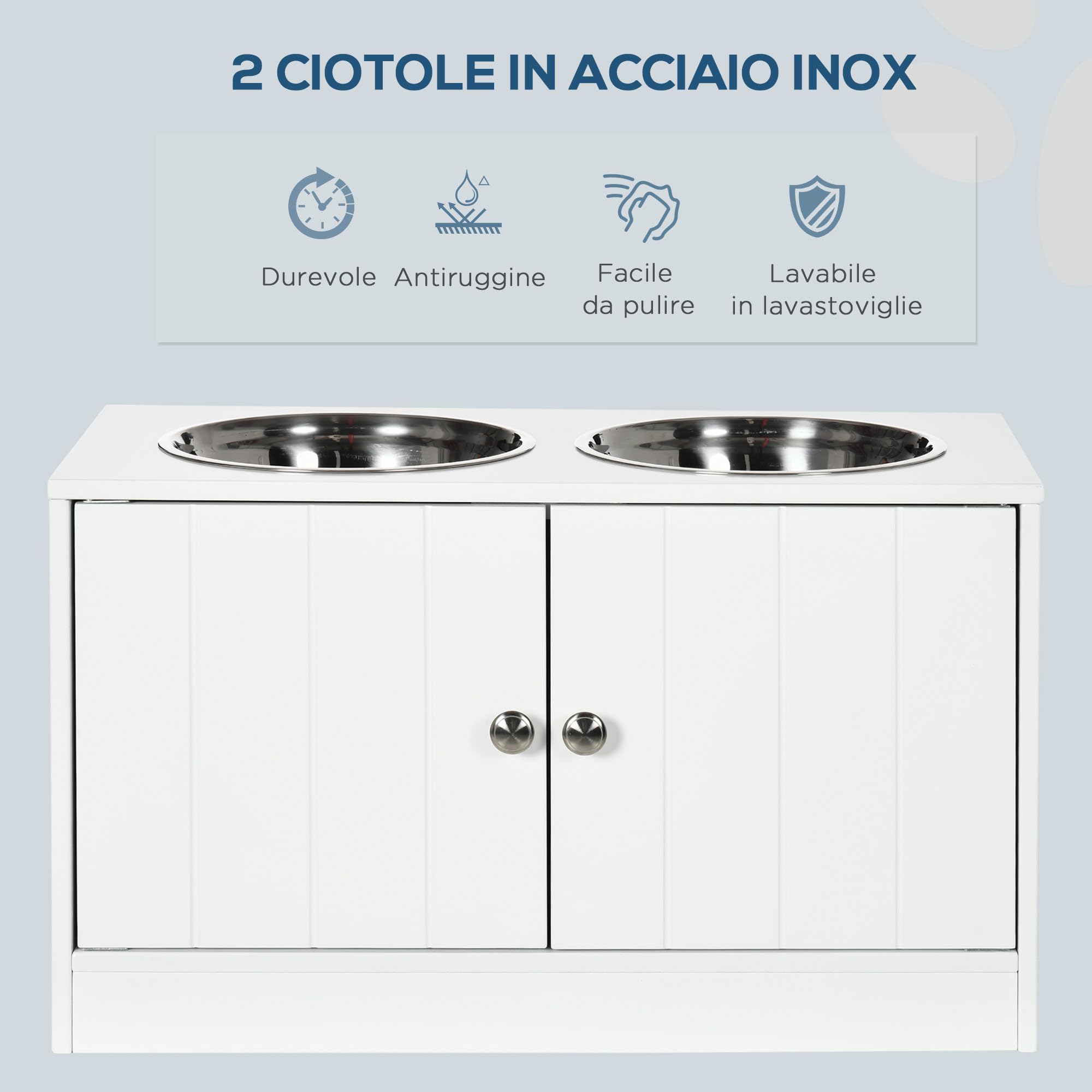 PawHut Ciotole per Cani Rialzate con Armadietto da 44L, Ciotole Rialzate in Acciaio Inox per Cani Grandi, 60x30x35.5cm, Bianco