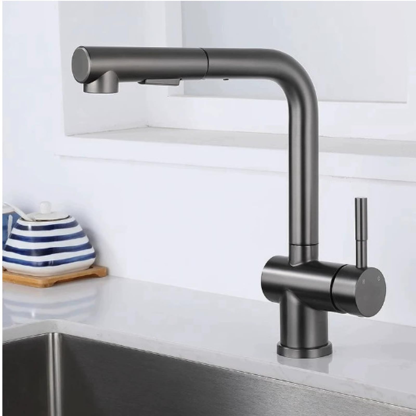 Fanjubei Gunpowder Gray Pull-Out Stainless Steel Kitchen Hot And Cold Water Faucet, Gun Gray