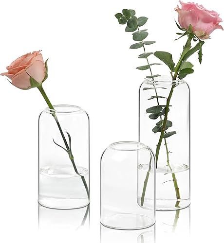 ComSaf Juego de 3 jarrones de flores pequeños, jarrones de cristal a granel, jarrones transparentes para flor, centro de mesa de decoración del
