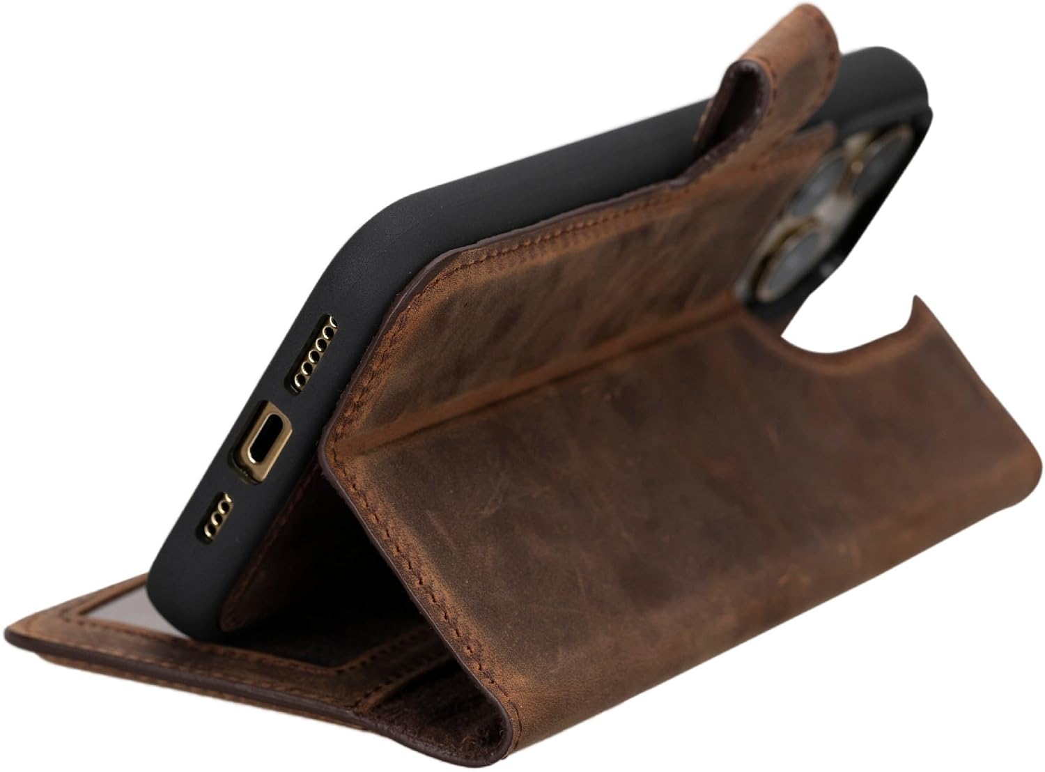 Soil Leather Wallet Case Compatible with iPhone 15 Pro Max - Full Grain Leather Folio Case, Detachable Cover with Card Slots, RFID Flip Stand Case (Coffee Brown)
