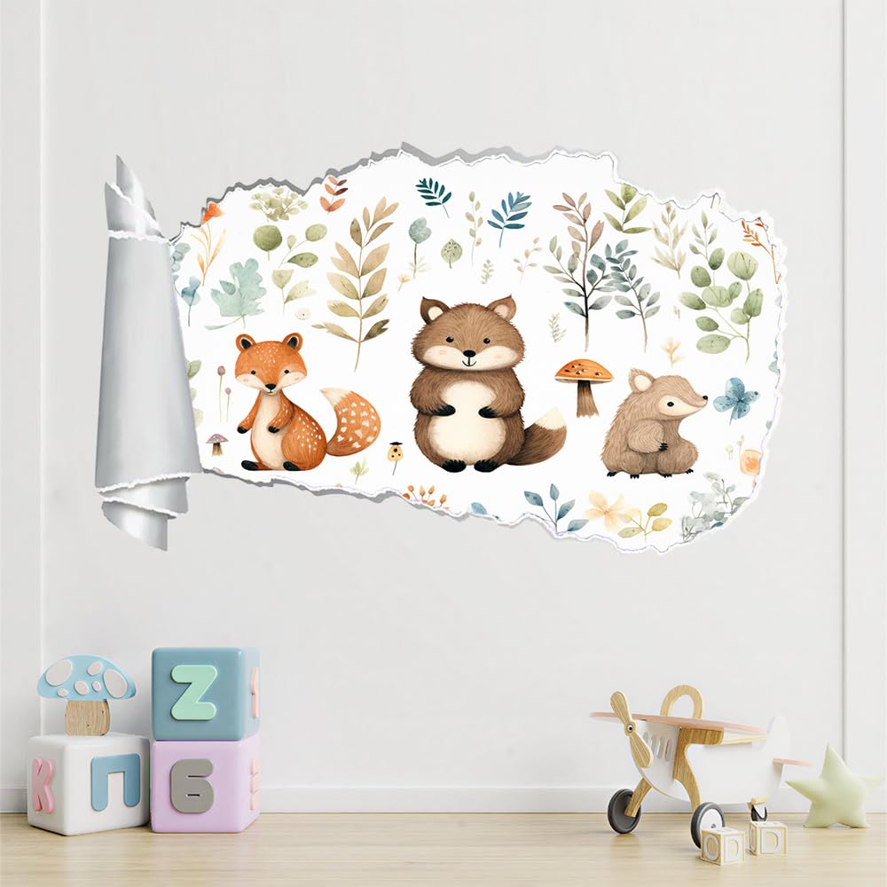Adesivo murale 3D | Scoiattolo, Fungo, Foglia Adesivo decorativo in vinile artistico | Cartone Animato Dipinto Sbucciare e incollare | Decorazione della camera dei ragazzi 75x120cm