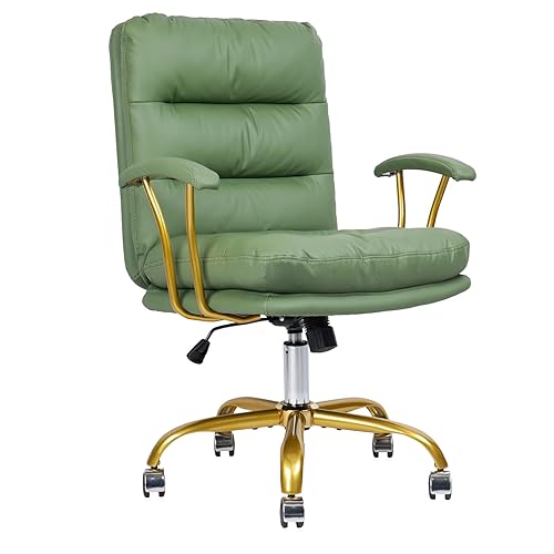 KLASIKA Leather Home Office Desk Chair, Mid-Back Vanity Chair Make Up Chair with Gold Wheels & Removable Armrests, Rolling Swivel Computer Task Chair for Office Bedroom Living Room Girls Women, Green - Green - 1Pack