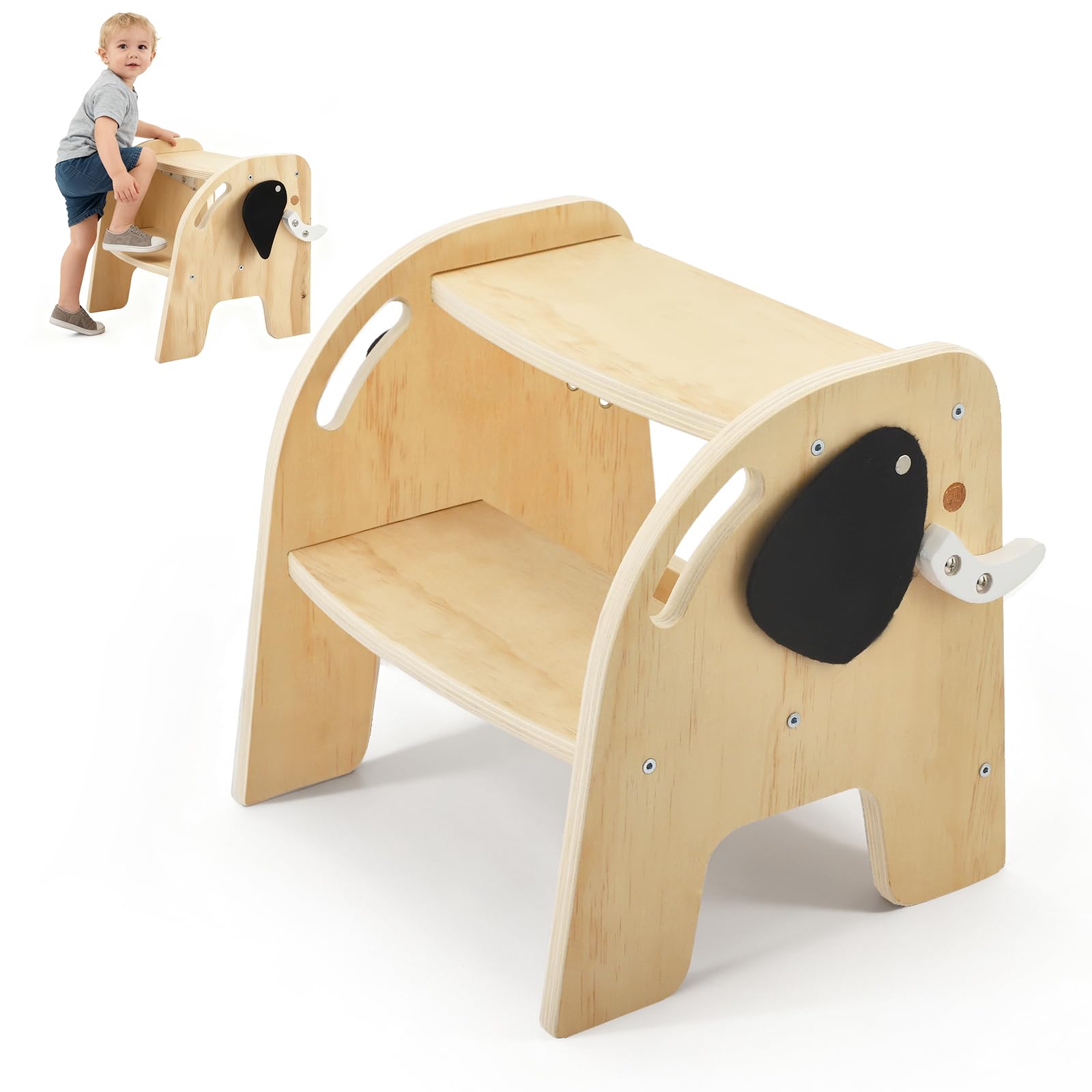 Taburete Infantil Madera 2 Peldaños con Reposapiés Antideslizante para Baño