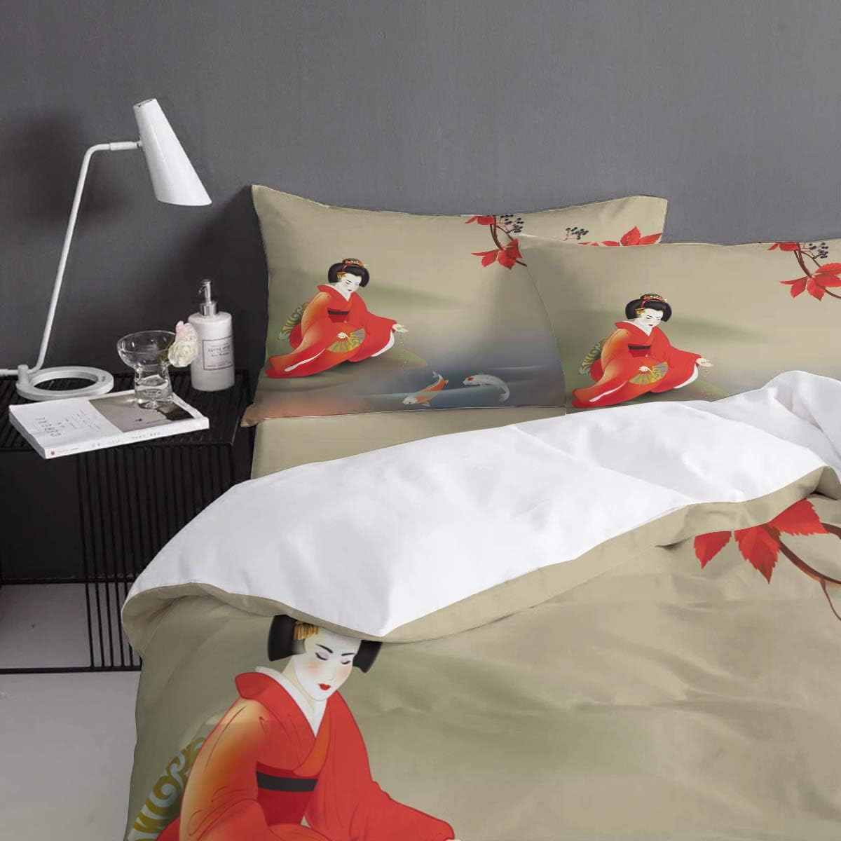 Buу 1 gеt 1 Duvet Cover Set Printed 4 Pcs Bedding Set King Size Include Duvet Cover, Bed Sheet, Pillow Shams Late Autumn Red Dress Japanese Geisha Feeding Koi with Bait Soft Quilt Sets for Children/Adults