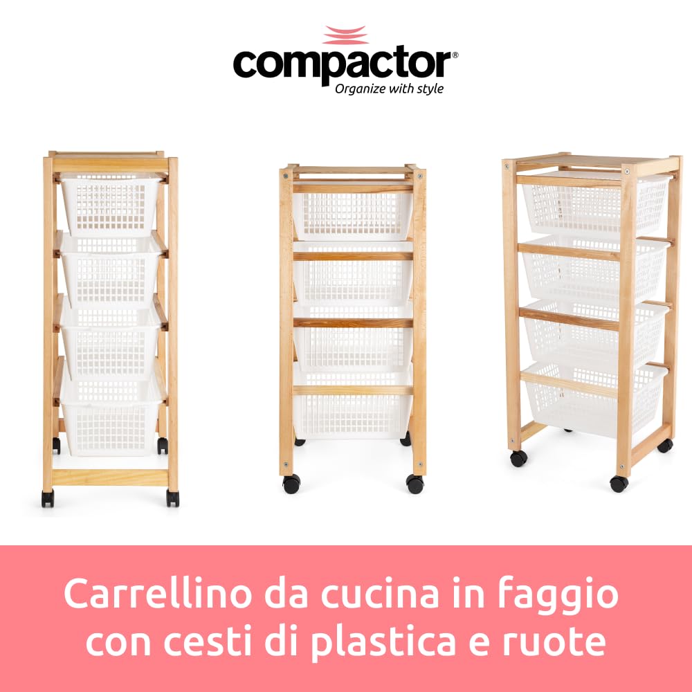Compactor Carrello con Ruote Portatutto in Faggio con Cesti in Plastica – Carrello Cucina Mobile Salvaspazio 30x44x88 cm