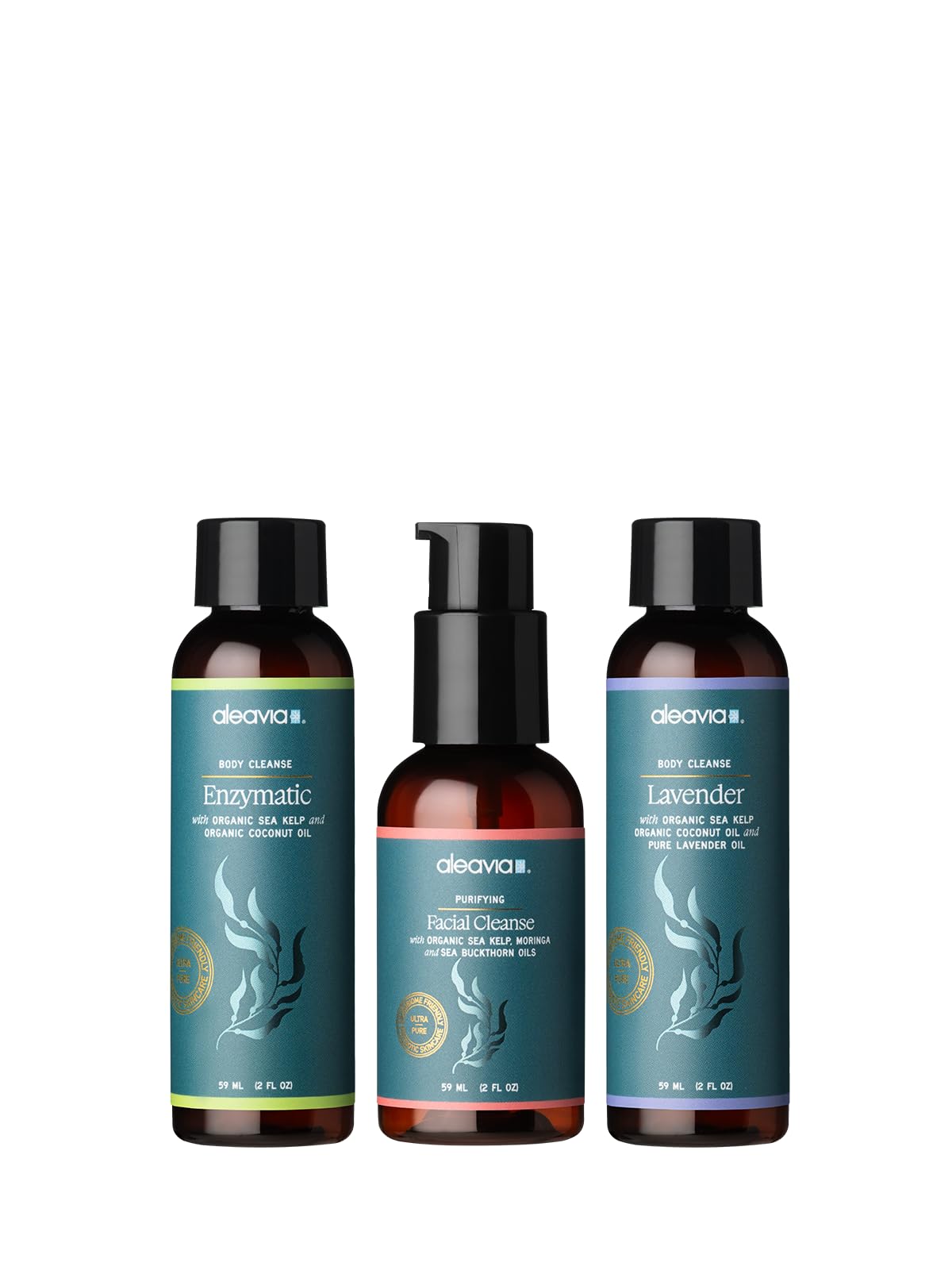 Aleavia Travel Size Trio – Set of Two Organic & All-Natural Prebiotic Body Washes and Facial Cleanser, Scented with Pure Essential Oils – Nourish Your Skin Microbiome – 2 Oz. Bottles