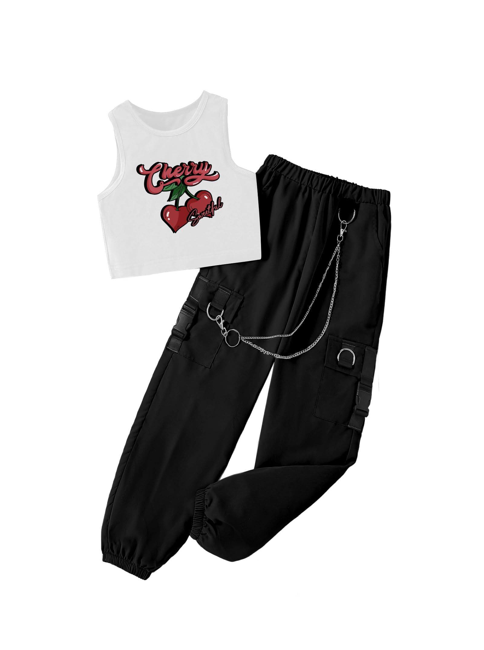 Hilinker Girl's Summer 2 Piece Outfits Sleeveless Crop Tank Top and Cargo Pants Set