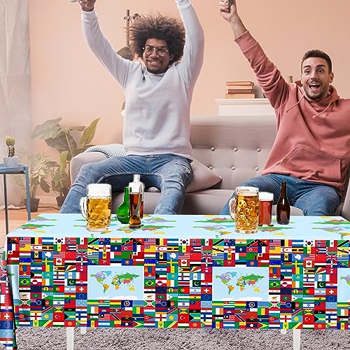 Image of CMUSKO International Flag Table Cover, 3 Pieces World Flags Party Tablecloth, Rectangle Plastic Checkered Flag Table Coth for Soccer Sports Friend Gatherings Celebration Party Supplies, 108x180cm