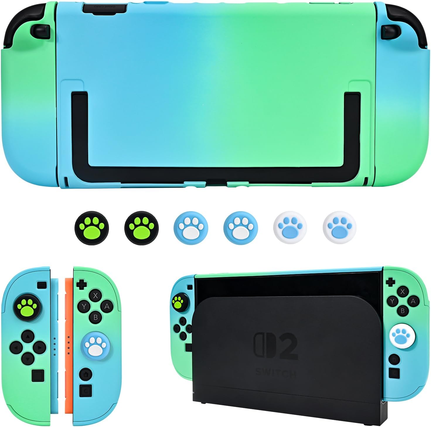 DLseego Protective Hard Case for Nintendo Switch 2 (2025), PC Grip Cover for Joy Con, Detachable JoyCon Controller Protectors Shockproof & Scratch-Resistant Console Shell, 6 Thumb Grips - Blue Green