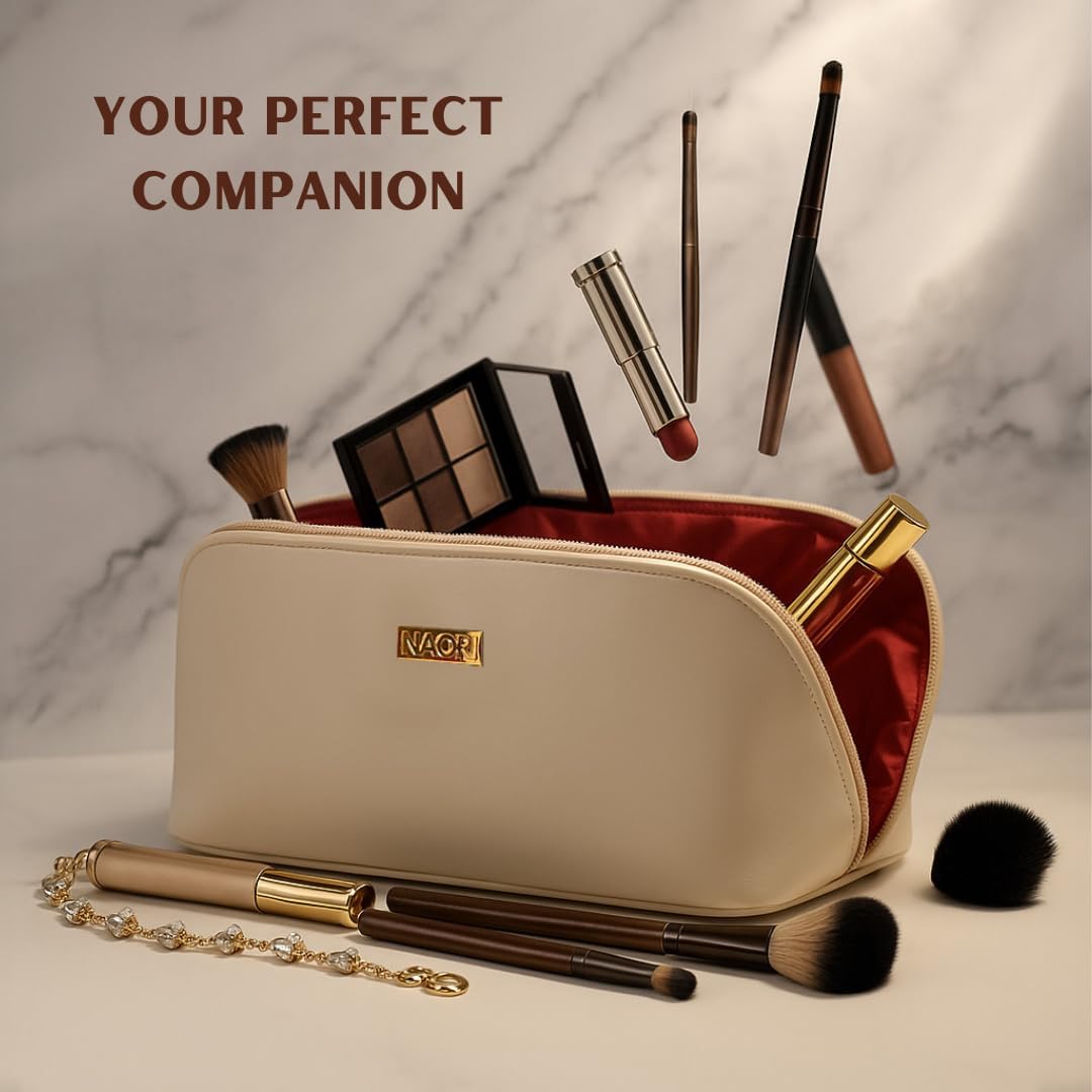NAORI Travel Makeup Bag for Women | Large Luxury Cosmetic Organizer with Handle & Inner Pockets | Waterproof Faux Leather Toiletry Bag | Makeup Case for Home, Travel & Gifting (Creamy Beige) - Image 6