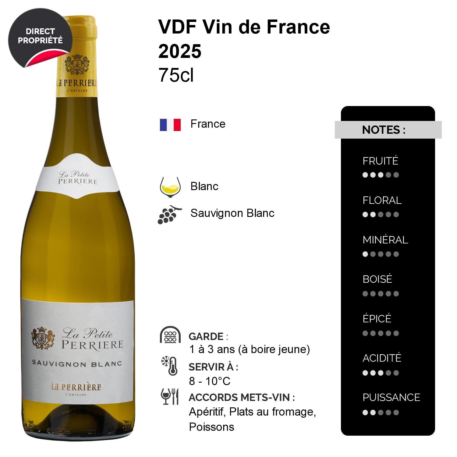 La Petite Perrière Sauvignon Blanc - Blanc 2025 - La Perrière - Vin de France - Vin Blanc (6x75cl)
