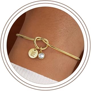 Turandoss Initial Birthstone Bracelets for Women, Birthday Jewelry Gifts | 14K Gold Plated 12 Month Birthstone Bracelet, Disc Letter Knot Bangle, Personalized Bridesmaid Jewelry Gifts for Women Girls