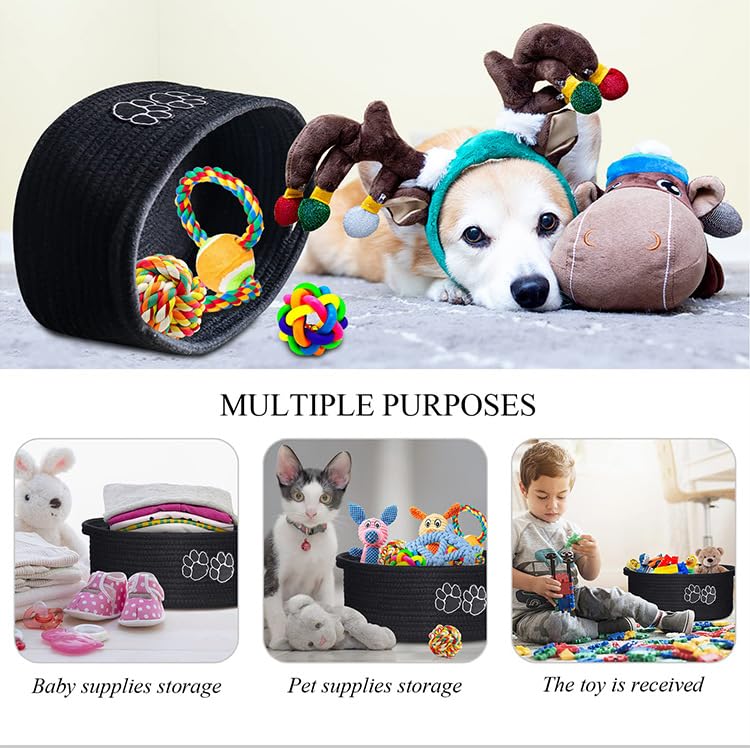 Image of Dog toy basket, used for organizing rope storage, with handle, cute cotton parenting gift dog toy box storage box (Gray and white)