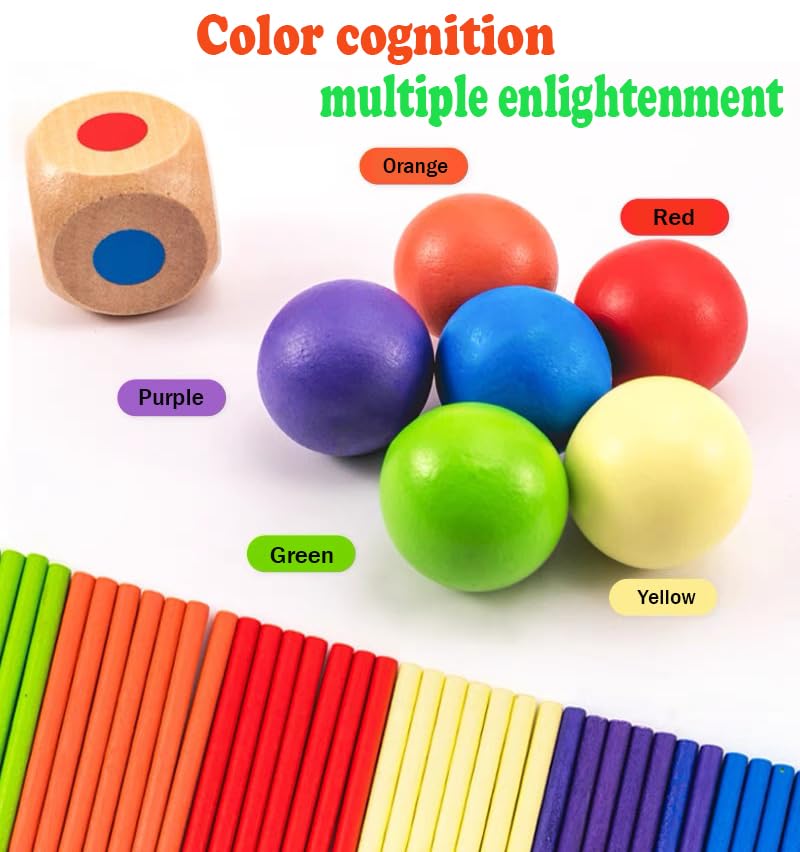 Jeu Montessori En Bois Pour Enfants 3 Ans Et + - 32 Bâtonnets, Plateau De Tri, Anneau, Boules Et Dé