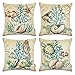 ONWAY Ocean Park Cotton Linen Theme Decorative Pillow Cover Case D 18" X 18" Square Shape-Ocean-Beach-sea-Print-Starfish-Seahorse-Voyage, 4 Pack (Sea4)