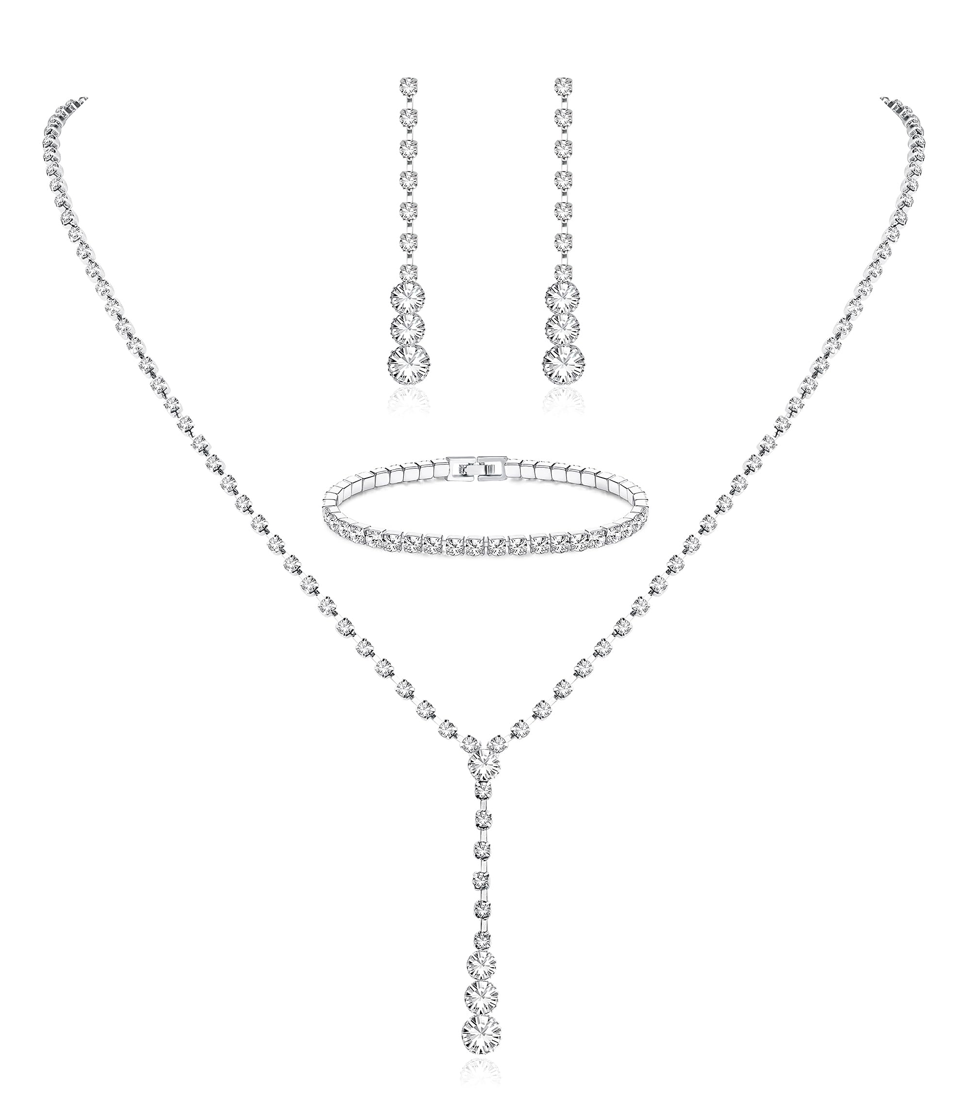 Jstyle Silver Bridal Jewelry Set for Women Rhinestone Necklace Dangle Earrings Bracelet Set Wedding Jewelry Sets for Brides Bridesmaid Crystal Prom Costume Jewelry Accessories for Women