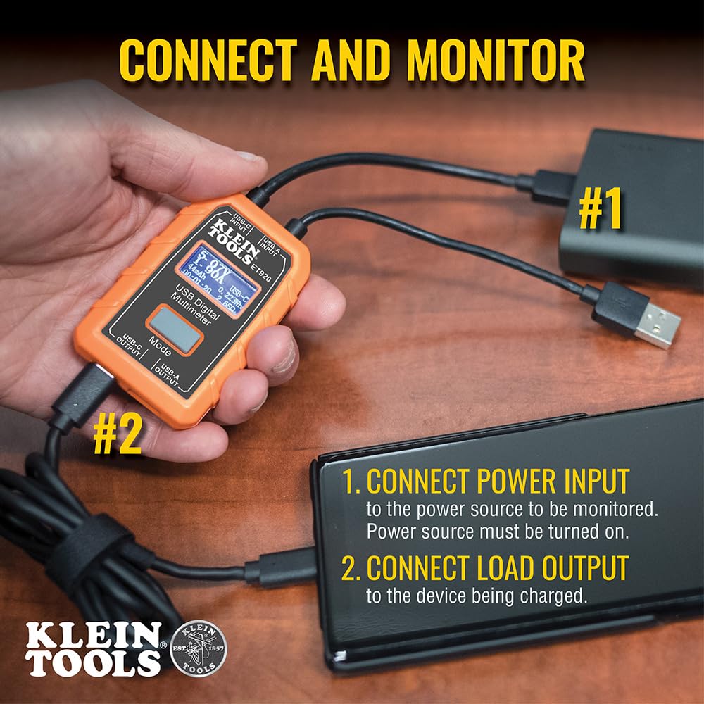 Klein Tools ET920 | Medidor digital USB-A y USB-C | Mide tensión, corriente, capacidad, energía y resistencia