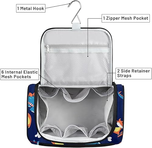 Miniatura 5 de Bolsa de aseo Kawaii con estampado de dinosaurio para mujer, organizador de maquillaje de viaje con gancho para colgar, bolsas de cosméticos de