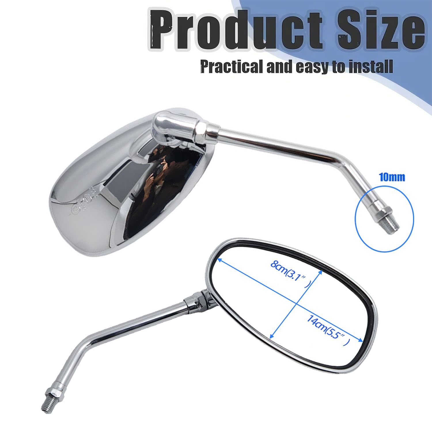 Rétroviseur moto, rétroviseurs latéraux M10 Chrome Compatibles avec paquet de vis pour scooter Street Bike Cruiser Chopper Suzuki