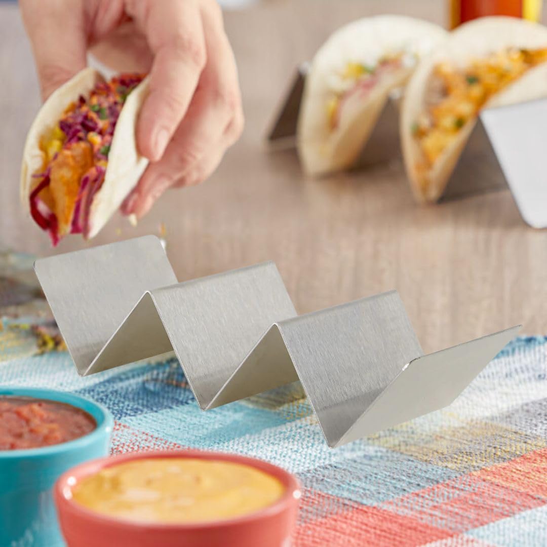 Soro Essentials- Set of 2 Stainless Steel Taco Holder 2-3 Slots- Soft or Hard Taco Shell Holder Stands for Party Taco Rack Street Taco Rack Taco Tray Plates Keeping Shells Upright Brushed finish