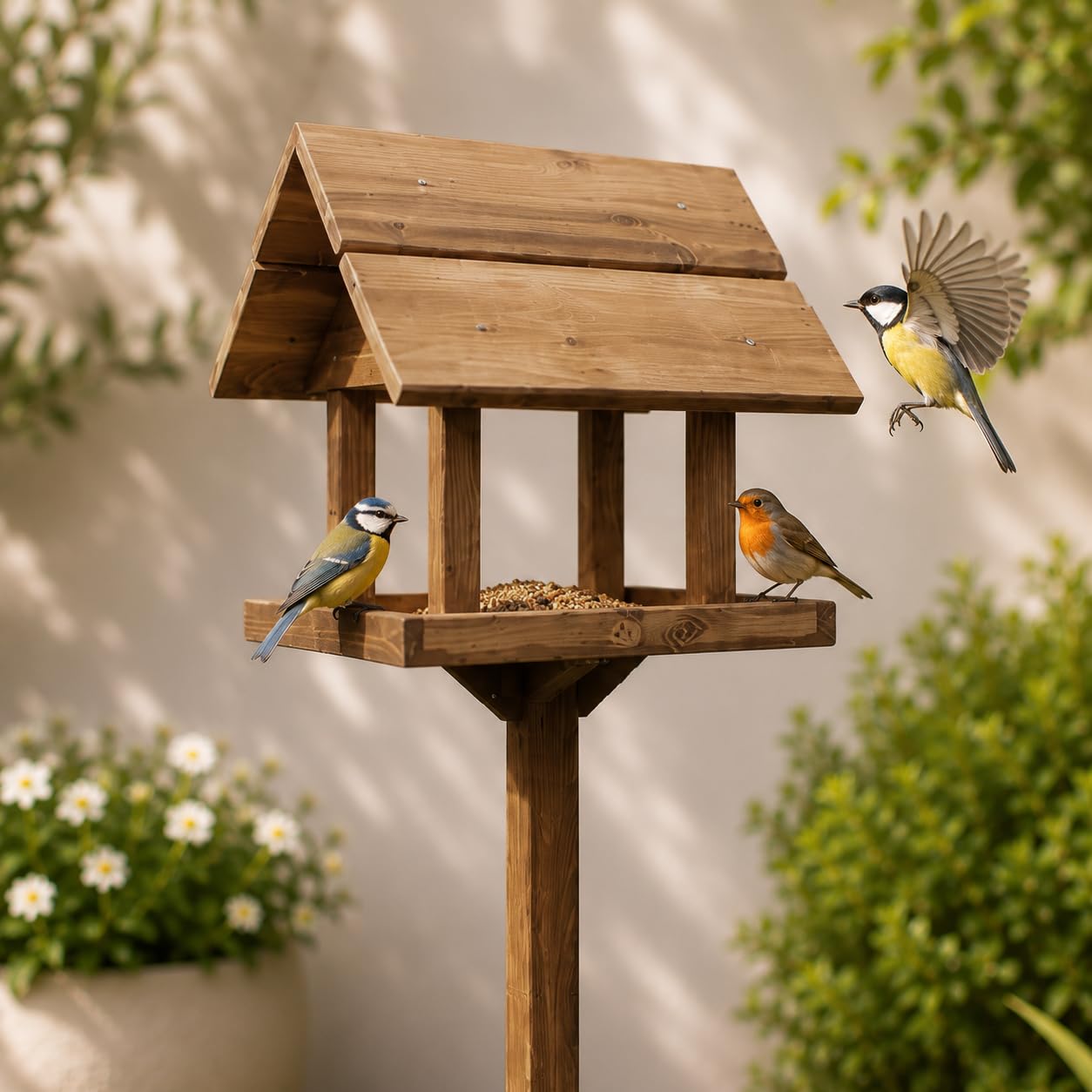 Garden Mile Tradizionale in Legno mangiatoia per Uccello da Giardino casa Dosatore impianto shelt Scacchi Nutrire Station Portatile Libero in Piedi