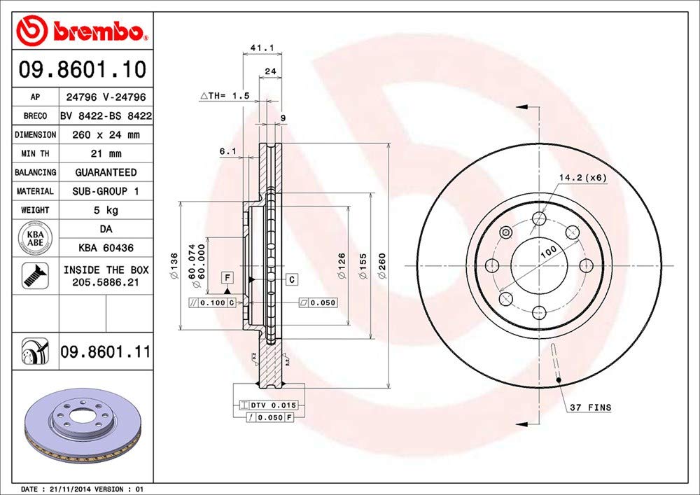 Brembo 09.8601.11 - Disco Freno con Verniciatura UV (Set di 2) - Anteriore