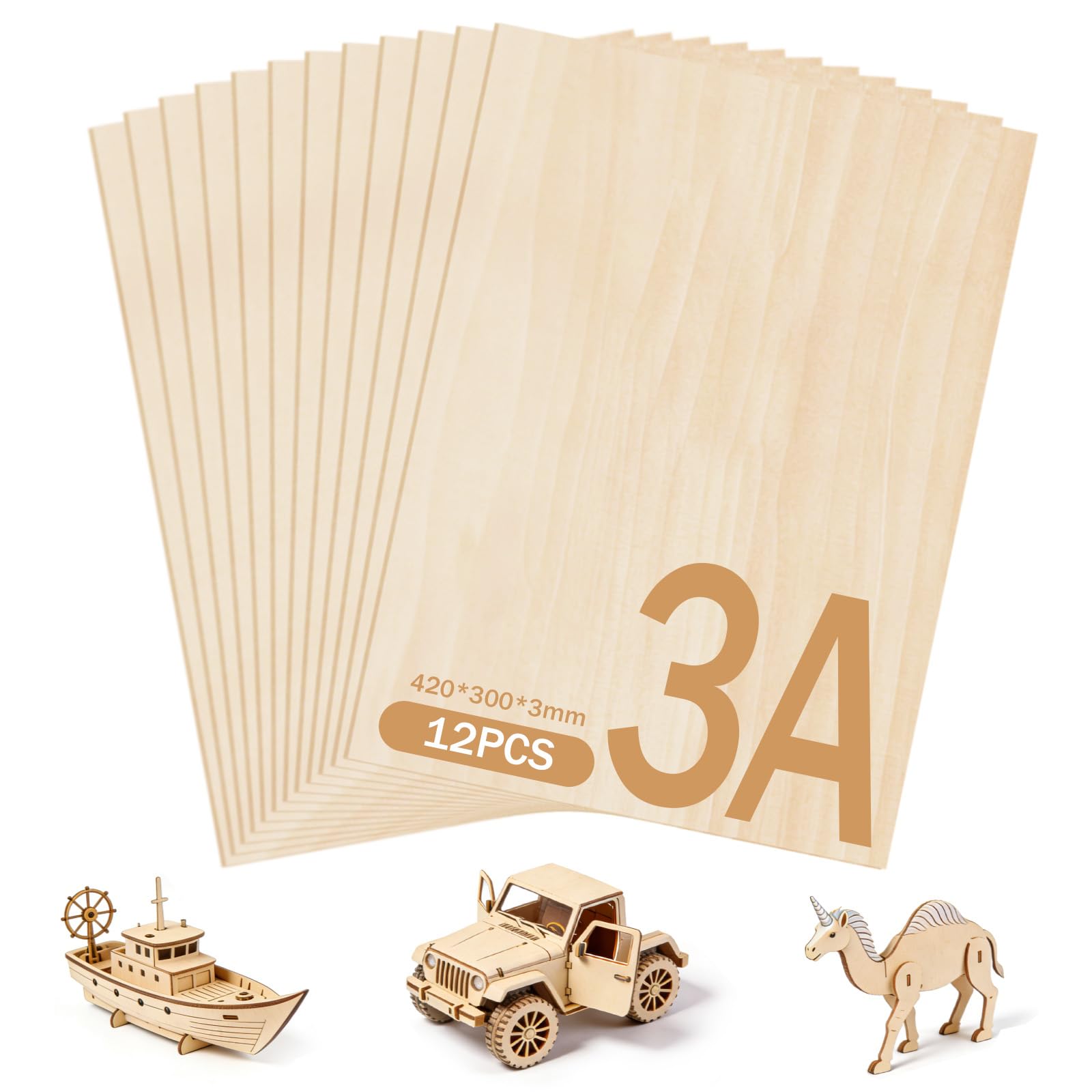 12 Piezas Lámina De Madera Contrachapada De 3 mm, Formato A3, Adecuada Para Manualidades, Carpintería, Corte Láser, Pirograbado, Modelismo, Regalos, Decoraciones Y Pintura(420 X 300 mm X 3 mm)