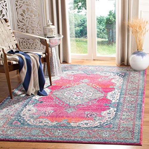 SAFAVIEH Evoke Collection EVK250R Medallón oriental envejecido, no desprende pelusa, para sala de estar, dormitorio, 5 pies 1 pulgada x 7 pies 6 pulgadas, fucsia/azul marino