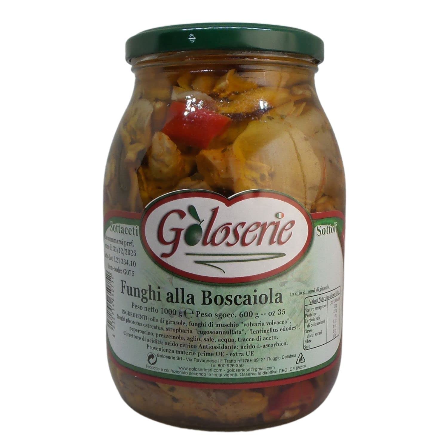 Goloserie Funghi alla Boscaiola con Porcini 5% – Funghi Sott’olio con Peperoncino, Prezzemolo e Aglio – Specialità Calabrese in Olio di Girasole (1000.GR) Ideale per Aperitivi Pasta e condimenti Vari