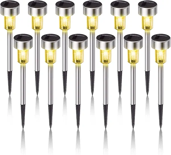 Solar Lights Outdoor Waterproof, , Solar Garden Lights Solar Powered, Stainless Steel LED Landscape Lighting Outdoor Solar Lights for Yard, Pathway, Walkway, Patio , Lawn - 12 Pack (Warm White)