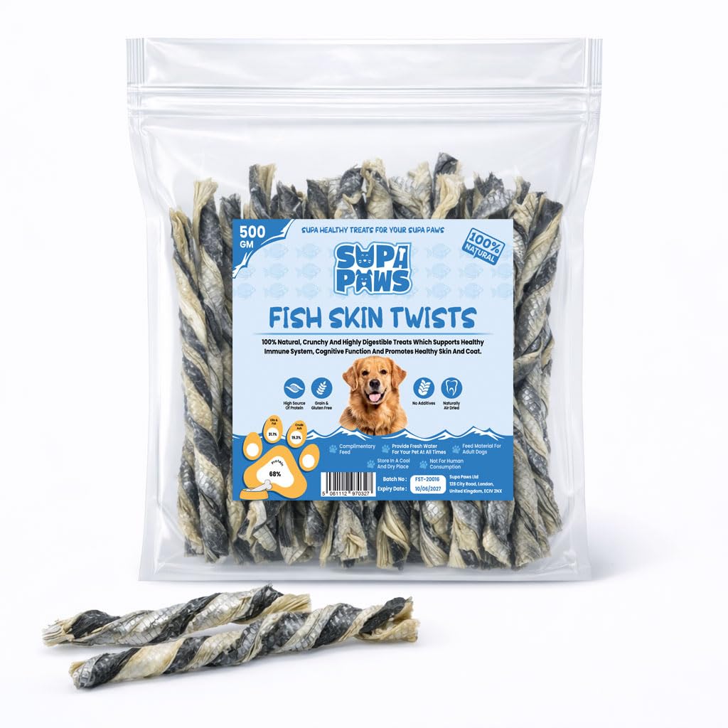 Supa Paws 500g Fish Skin Twists for Dogs 100% Natural White Fish Skin Twists Jerky Dog Treat, Hypoallergenic Dog Food & Grain Free Dog Chews, Dental Pet Treat, High Protein Dog Snacks